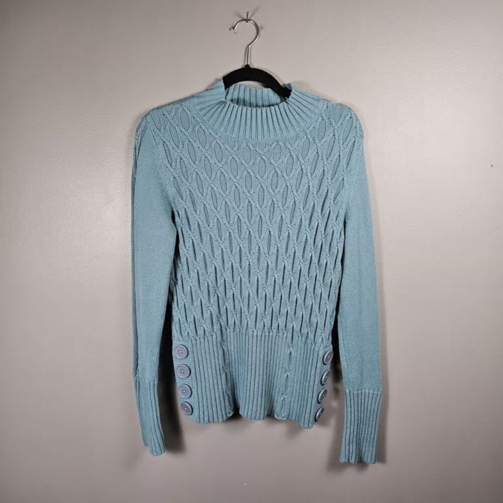 Tribal Knit Mock Turtle Neck Sweater Womens Medium Teal Button Accents